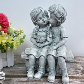 Boy Kissing Girl Statue Sitting on Bench Figurine, Puppy Love Kissing Couple Durable Home Ornament for Lover Birthday Present Art Collection Outdoor Lawn Yard Patio