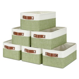 DULLEMELO Storage Baskets for Shelves, Small Fabric Collapsible Rectangular Storage Baskets for Organizing, Closets, Nursery, Home, Office, Empty Gift Baskets (6-Pack, White&Green)