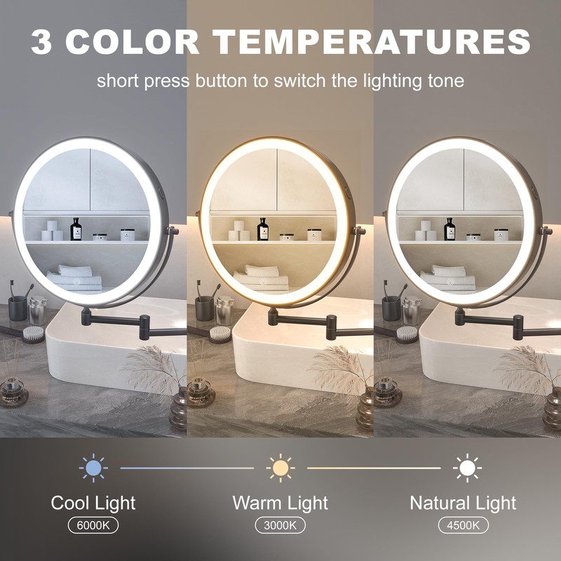 Hasipu 10-Inch Wall Mounted Makeup Mirror with Magnification, Rechargeable 3000