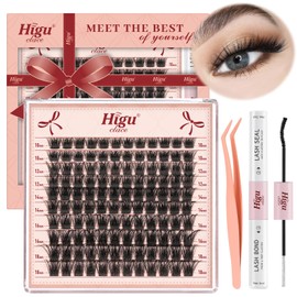 Higu clace Lash Clusters Kit, DIY Lash Extensions Kit D Curl 10-18mm Lash Extensions Natural Individual Lashes Cluster with Lash Bond and Seal and Lash Applicator for Beginner (H-02 10-18)