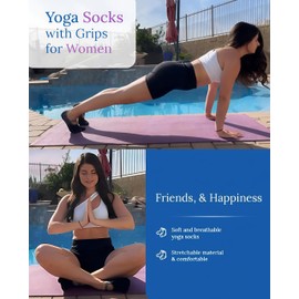2 Pairs Women's Grip Socks - Black & Grey Yoga Toe Socks with Non-Slip Pads for Pilates/Barre/Trampoline (Breathable Crew Style，One Size)
