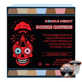 Double Donut High Caffeine Coffee Pods, Extra Strong Double Caffeine Coffee Cups for Keurig K Cup Brewer Machines Single Serve Dark Roast Coffee, 24 Count