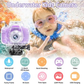 Seckton Kids Camera Waterproof for Girls 3-12 Year Old Children's Day Birthday 1080P Children Digital Camera Underwater HD Video Toddler Camera Toys 2 Inch Screen with 32GB Card (Light Purple)