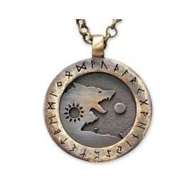 Small Brass Viking Wolf Yin Yang Necklace With Full Set of Runes For Men and Women - Wolves Fenrir Geri Freki Skoll Hati - Viking Norse Protection Charm With 22 Inch Chain