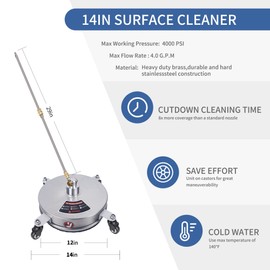 Biswing 14" Pressure Washer Surface Cleaner with 4 Wheels, Stainless Steel Power Washer Accessory for Driveways Sidewalks Patios Cleaning, 1/4" Quick Connector, 2 Extension Wand Attachments, 4000 PSI