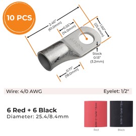 SELTERM 10pcs - 4/0 Awg - 1/2" Stud - Battery Lugs - Ring Terminal Connectors with 12pcs 3:1 Black & Red Heat Shrink Tubing with Adhesive | Heavy Duty Battery Cable Ends - Tinned Copper Wire Lugs Kit