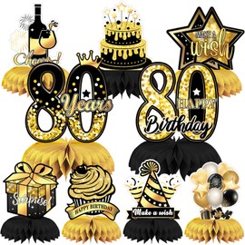 FANOST 80th Birthday Table Decorations for Men Women Him Her, Pack of 9 Gold and Black 80th Birthday Table Centerpieces, Mom Dad Grandma Grandpa Bday Party Honeycomb Centerpieces Decor