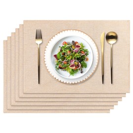 Weldomcor Washable Linen Placemats, Set of 6, Fabric Heat Resistant Placemats, Double-Sided Sewing Place Mats for Home, Dinner Parties, Kitchen, Restaurant and Hotel, Beige