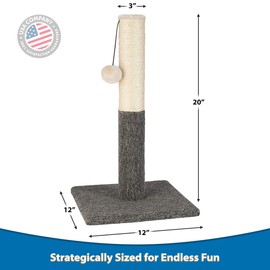 PAWBEE Cat Scratching Post - 20” Kitty Scratch Pole with Natural Sisal Rope and Hanging Ball Toy - Carpet Covered Heavy Anti-tip Base - Sturdy Cat Scratcher Pole Tower for Small Cats and Kittens