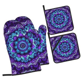 Purple Mandala Flower Oven Mitts and Pot Holders Sets of 4, Cute Vintage Heat Resistant Oven Mitts - Non-Slip Cooking Gloves for Kitchen Baking Grilling BBQ