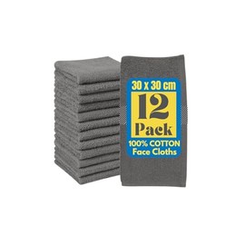 Symphony Flannel Face Cloth 12 Pack Washcloths Set for Sensitive Skin-Reusable Face Towels (30x30cm) for Unisex Adult Spa Gym Sport Beauty, Premium Quality Fingertip Towel, Grey