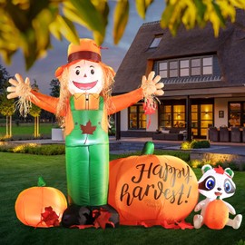 DomKom 6FT Long Thanksgiving Harvest Inflatable Scarecrow Outdoor Decoration，Build-in LED Lights Holiday Blow Up Yard Decoration for Fall/Thankgiving Party,Garden Yard Lawn Decor.