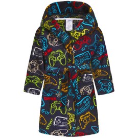 Boys Fleece Robe, Hooded Toddler Soft Fuzzy Bathrobe for Kids 2-16 Years Black Gamepad 9-12 Years