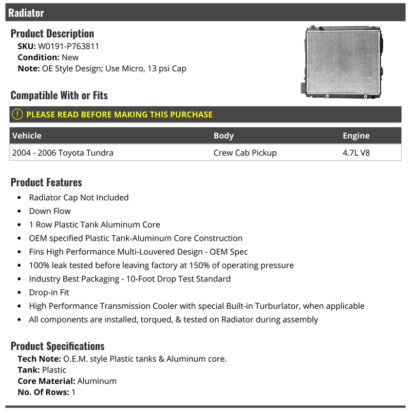Radiator without Cap - Compatible with 2004-2006 Toyota Tundra Crew