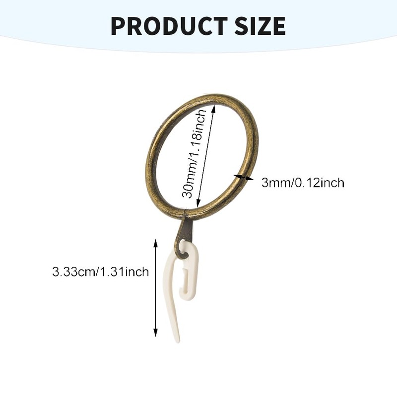 24 Pack Brass Curtain Rings and Hooks, 30mm Internal Diameter,
