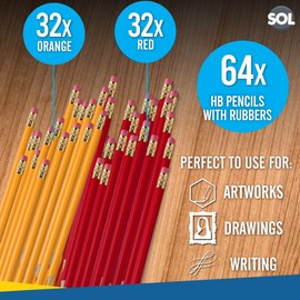 SOL 64pk HB Pencils With Rubbers On The End | HB Pencil Pack with Erasers | Writing Pencils for Children I Kids Pencils for School Supplies I School Pencils for Party Bag | Pack of Pencils