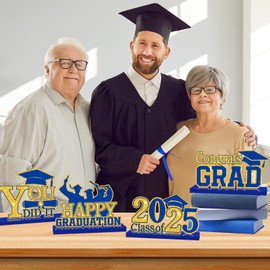 4Pcs Graduation Decorations Class of 2025 Wood Table Centerpieces Congrats Grad Wooden Sign Graduation Table Toppers Congratulate Tiered Tray Decor for 2025 Graduation Party(Blue-Gold)