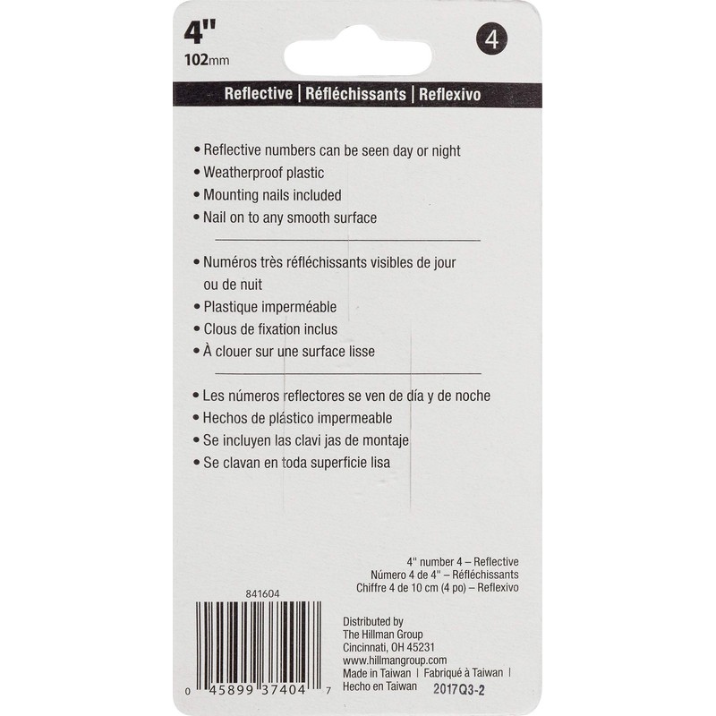 Hillman 841604 4-Inch Nail-On Reflective Plastic House Number 4