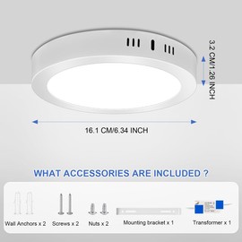 LED Flush Mount Ceiling Light, 6.34 Inch 12W 6500K Hardwire Light Fixture, 120W Equivalent 1.26In Thin Round White Lamp for Kitchen Porch Bedroom Hallway Stairwell Basement, Non-dimmable 1 Pack