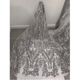 wowfabric4less123 silver white 4way stretch sequin Lace fabric 50” Width Sold By The Yard