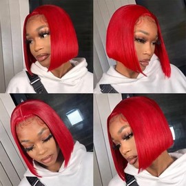 PANDA ANGEL Red Bob Wig Human Hair 13X4 Straight Hd Bob Lace Front Wigs Human Hair Wear and Go Glueless Wig Pre Plucked Pre Cut Bob Hd Lace Frontal Wig Short Wigs For Black Women