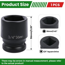 YTKavq 3/4" Drive 36mm Impact Socket，6-Point Standard Impact Sockets Made with Chrome Molybdenum Alloy Steel, Metric