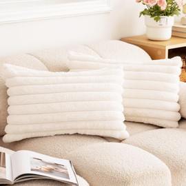 BAOLIZEGAO Double-Sided Faux Fur Plush Throw Pillow Covers 12x20 Set of 2 Fuzzy Striped Soft Cozy Pillowcase Luxury Decorative Pillows Rectangle Shaggy Cushion Cover for Couch Sofa Bed,Cream White