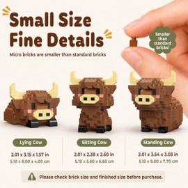 IBLOTIME Highland Cow Micro Building Set, 3 Farm Animal Models