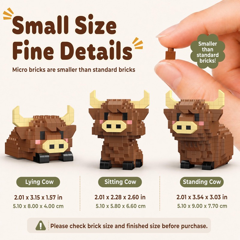 IBLOTIME Highland Cow Micro Building Set, 3 Farm Animal Models