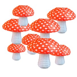 Ayearparty 8 pcs Mushroom Paper Lanterns 3D Red Mushroom Shaped Hanging Ornament for Forest Jungle Wonderland Themed Party Nursery Garden Wedding Decoration 8 inch 12 inch