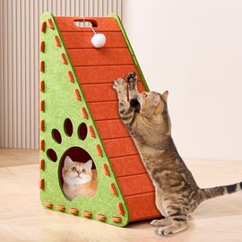 3-in-1 Cat Scratcher for Indoor Cats, Triangle Felt Scratching Board, Vertical Small Kitten Scratch Pad & Ramp & Bed, Wall Kitty Scratch Board with Sleeping House, Ball Toys, Cleaning Brush, Orange