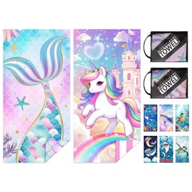NIBESSER 2 Pack Kids Beach Towels for Girls Boys 30"x 60" Quick Dry Microfiber Sand Free Swim Towels Lightweight & Absorbent Pool Travel Bath Towels Cute Thin Toddler Beach Towel,Mermaid and Unicorn