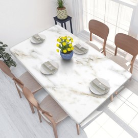 White Marble Texture Rectangular Tablecloth with Elastic Edge 4FT Waterproof Oil-Proof Table Cloths Washable Reusable Table Cover for Kitchen Dining Party