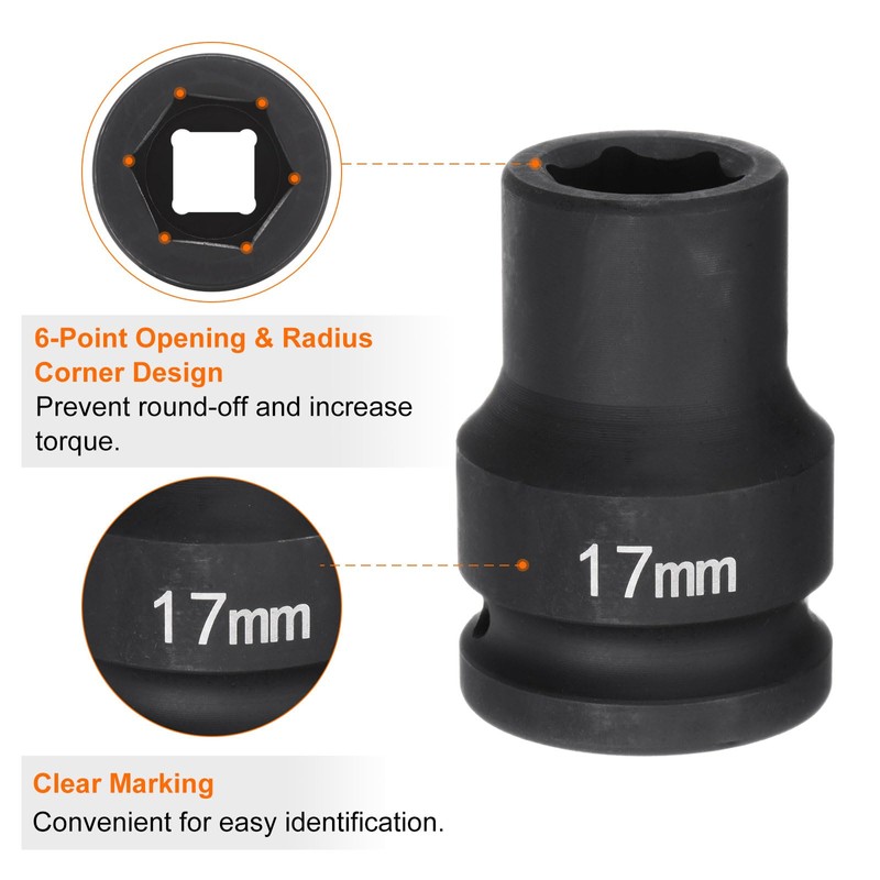sourcing map 6-Point Impact Socket 3/4" Drive 17mm Metric 40Cr