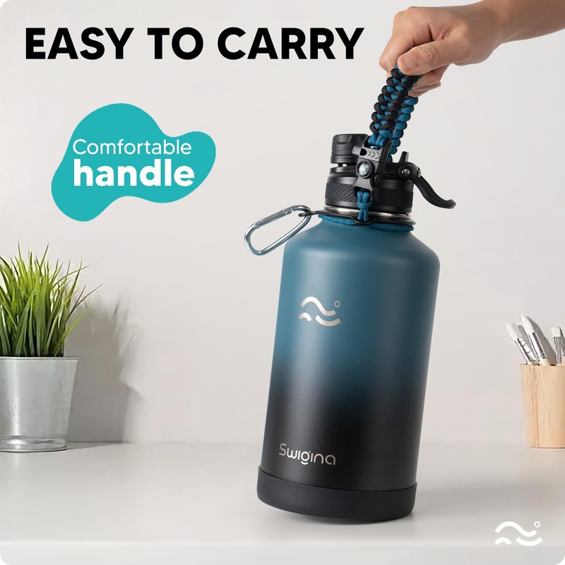 Swigina [2-IN-1 LID] 64 oz Insulated Water Bottle with Silicone