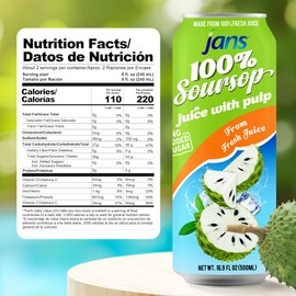Jans Soursop Juice with Pulp (12-Pack, 16.9 oz Cans) - NO Sugar Added - from 100% Pure Soursop Fruit / Guanabana Fruit, Not From Concentrate, Sour Sop Rich in Natural Electrolytes - Refreshing Tropical Taste