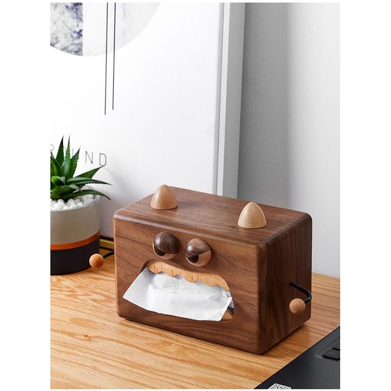Deerou 黒クルミ材 手作り 可愛いモンスター型 ティッシュケース コンパクト 木製収納 おしゃれ ティッシュボックス ティッシュカバー