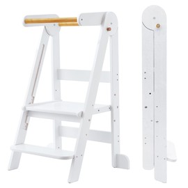 Foldable Toddler Tower 95% Preassembled Kitchen Stool Helper Folding Step Stool for Kids Montessori Toddler Standing Tower with 3 Adjustable Height Helper Tower for Kitchen Counter Sink White