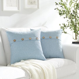 Meekio Set of 2 Light Blue Square Pillow Covers 18 x 18 Farmhouse Linen Pillow Covers with Coconut Buttons for Sofa Couch Living Room Bedroom Farmhouse Décor for The Home Housewarming Gifts