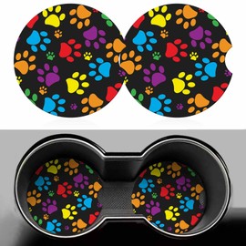 Colorful Paw Print Car Cup Holder Coaster 2 Pack Absorbent Ceramic Car Coasters for Cup Holders Car Accessories Interior for Women Men Universal Anti Slip Cork Base Cup Coasters with Finger Notch