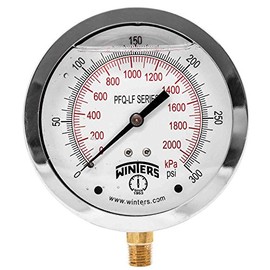 Winters 4" Dial Size, Liquid Filled Pressure Gauge, Potable Brass Internals, 304 Stainless Steel Case, Dual Scale 0-300 psi/kPa, 1.5% Acc, 1/4" NPT Bottom Mount, Drinking Water Pressure Gauge
