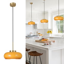 MDZILIAO Pendant Lights Kitchen Island, 11" Mid Century Pendant Lighting with Orange Glass Shade, Dimmable Vintage Hanging Light Fixtures for Dining Room Kitchen Island Decor