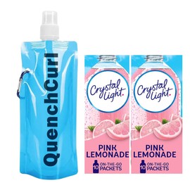 Crystal Light On The Go Drink Mix Pouches, Sugar-Free, Low-Calorie, 2 Pack of 10 Pouches with QuenchCurl Collapsible Bottle! Pink Lemonade
