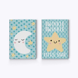 Smile Art Design Twinkle Twinkle Little Star Lettering Star Blue Background 2 PIECE CANVAS PRINT SET Kids Room Decor Wall Art Baby Boy and Girl Room Decor Ready to Hang Made in the USA (12x8) x2