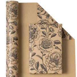 WRAPAHOLIC Kraft Floral Wrapping Paper Roll - Mini Roll - 17 Inch x 33 Feet - Vintage Black Floral Design for Birthday, Party, Baby Shower