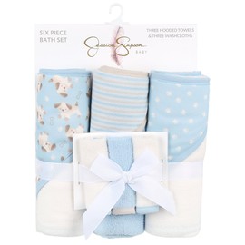Jessica Simpson 6 Piece Printed Hooded Bath Towel and Washcloth Set for Infant, Newborns and Toddlers 3 – 24 Months for Bath Time, Showers, Lounge, Beach and Pool (6 Piece Puppies Print)