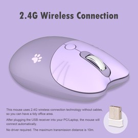 Lomiluskr Cute Cat Wireless Mouse, Lightweight Soundless Mouse, 2.4G Wireless Mice, Candy Colors, Kawaii Mouse for Girls and Kids (Purple)