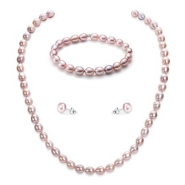 YAMI Pearl Set (Necklace + Bracelet + Earrings), White/Purple Pearl Jewellery Set, 6-7 mm, 925 Sterling Silver, Natural Cultured Pearls, Pearl Necklace for Women, Women's Jewellery for Any Occasion