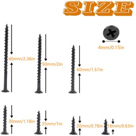 TAIANJI 180 Pcs Wood Screw Assortment M4 Black Screws 16mm, 20mm, 25mm, 30mm, 40mm, 50mm, 60mm Screws Assorted Set Flat Phillips Head Screws Kit Self Tapping Screws for Drywall, Furniture etc