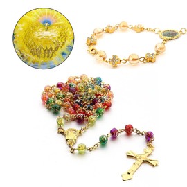 Rosary Necklace Bracelet Set, Rosary Chain Crucifix, Cross Christian Bracelet, Beautiful and Delicate, for Birthday Gift, Dressing, Christening, Party (Gold), Metal, Pearl